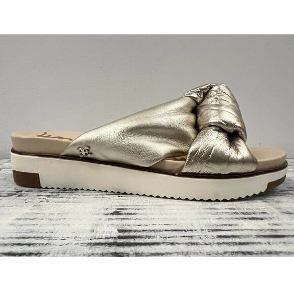Sam Edelman Women’s Sz 5 Agatha Puffy Knot Slip On Sandals, Gold Slide - Picture 1 of 12